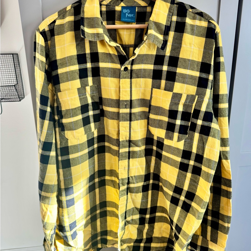 Harry Potter Hufflepuff- Yellow and Black Plaid Flannel Shirt with back emblem